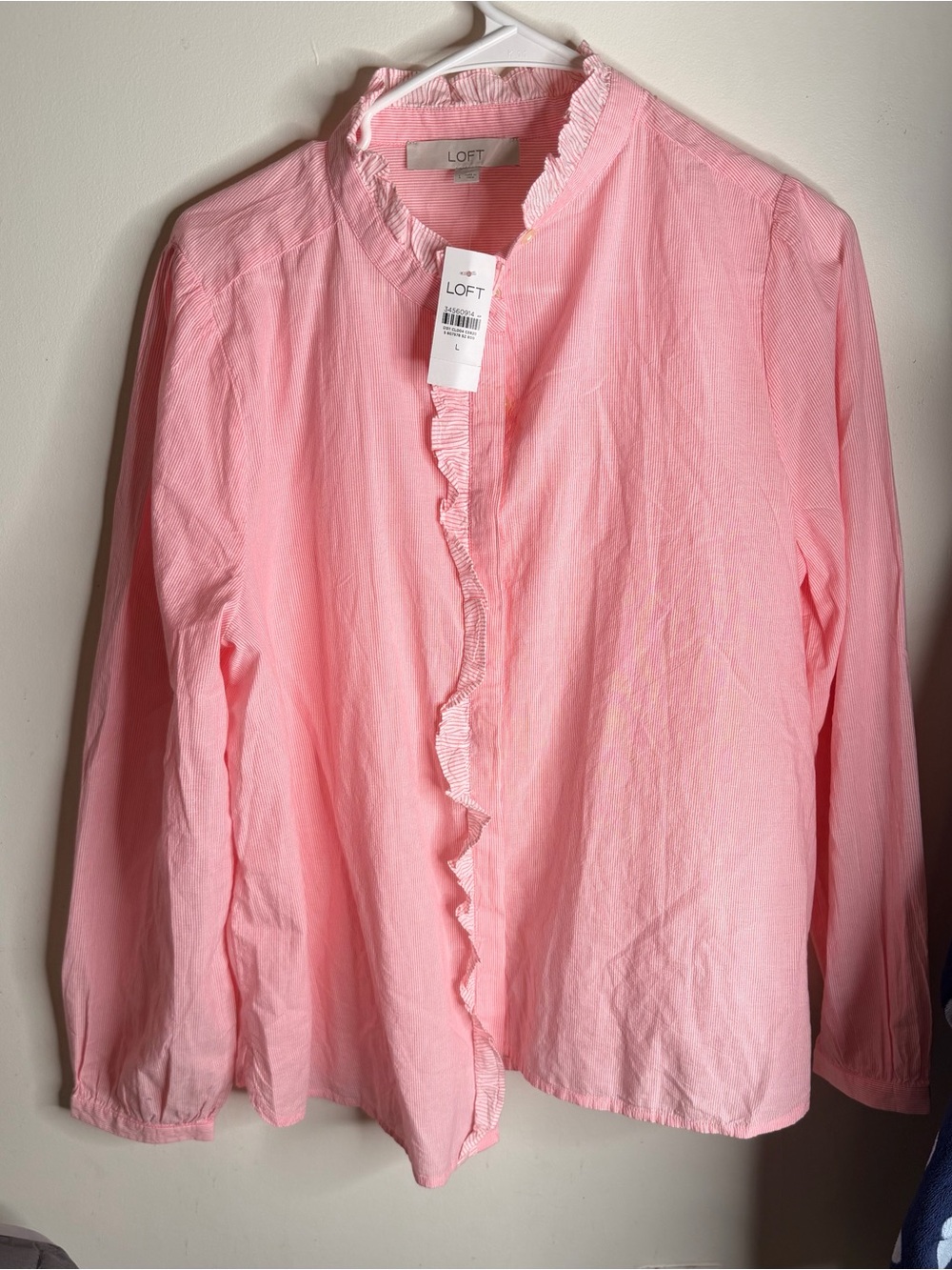 LOFT Pink Ruffle-Front Long Sleeve Button Down Top